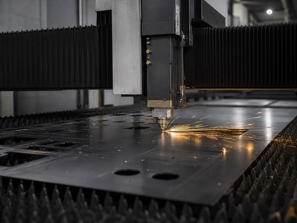 Máquina CNC realizando corte a laser em uma chapa de aço